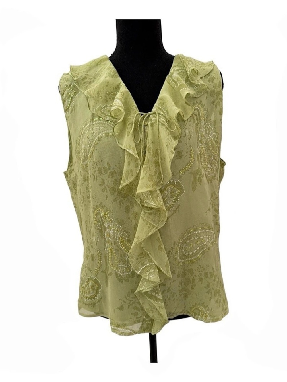 SILKLAND Silk Paisley Ruffle Blouse in Green XL Like New